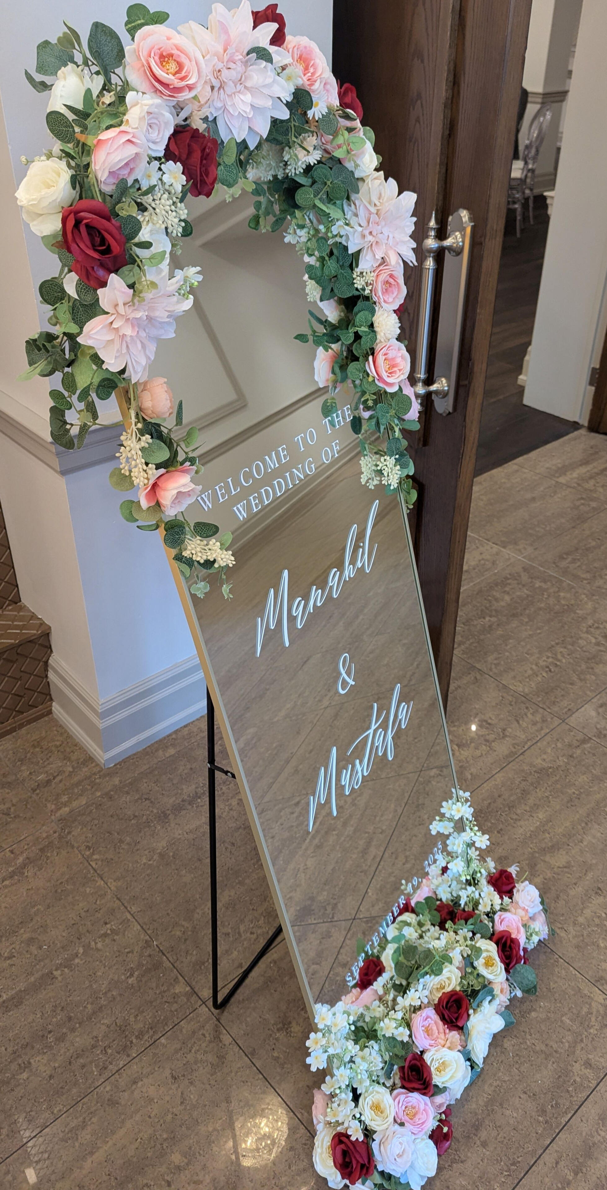 Welcome Wedding Mirror in Oakville Welcome mirror for a reception at a venue located in Oakville.