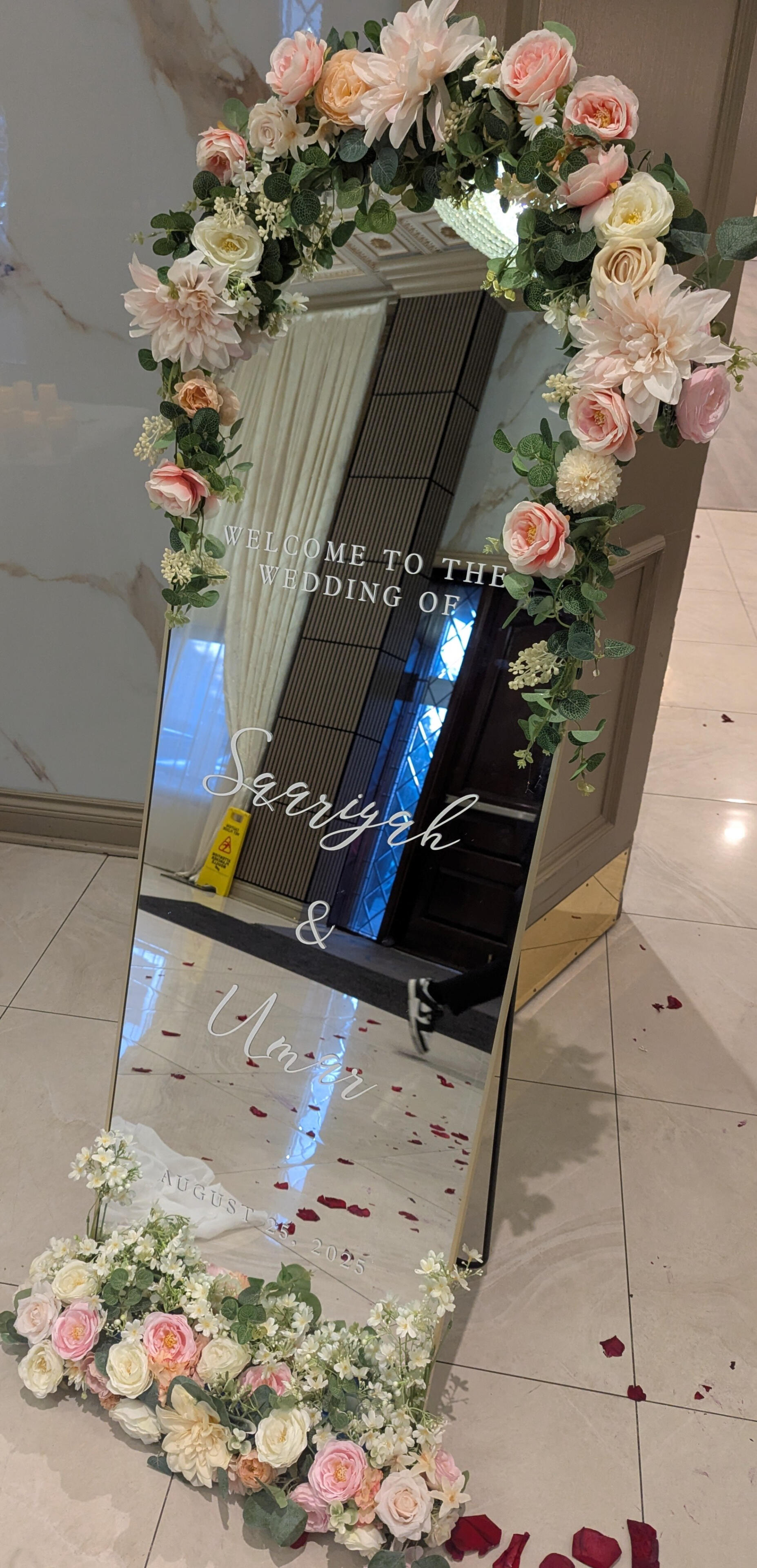 Welcome wedding mirror near entrance door Wedding welcome mirror with couples name and wedding date.